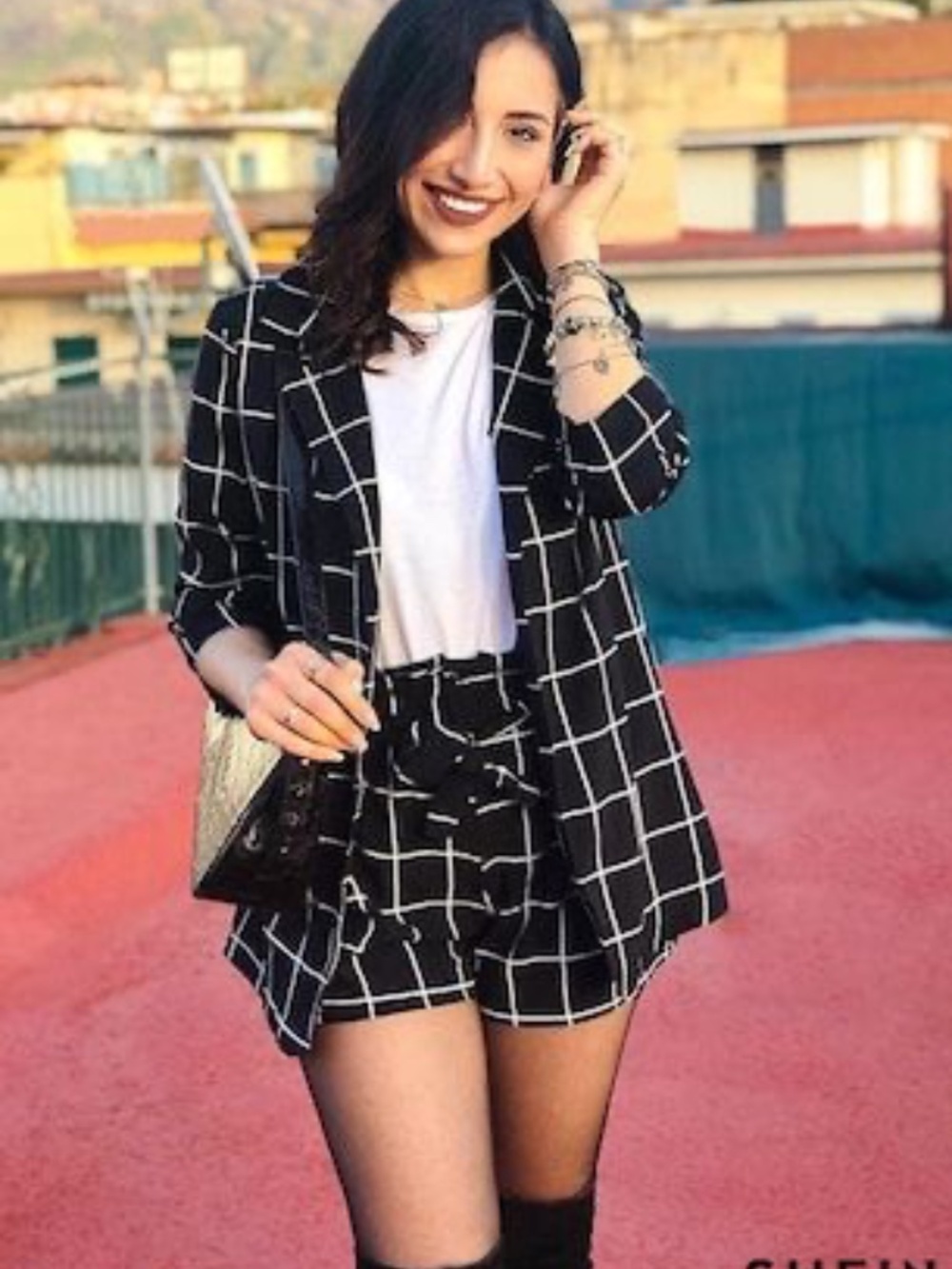 SHEIN Grid Print Blazer & Shorts Set - Black & White, Size M